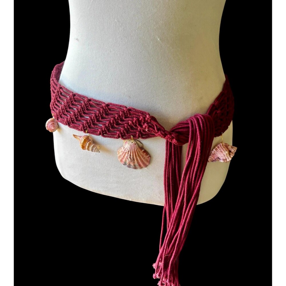 Handmade Mermaid shell macrame wrap belt, festival boho, raspberry pink cotton